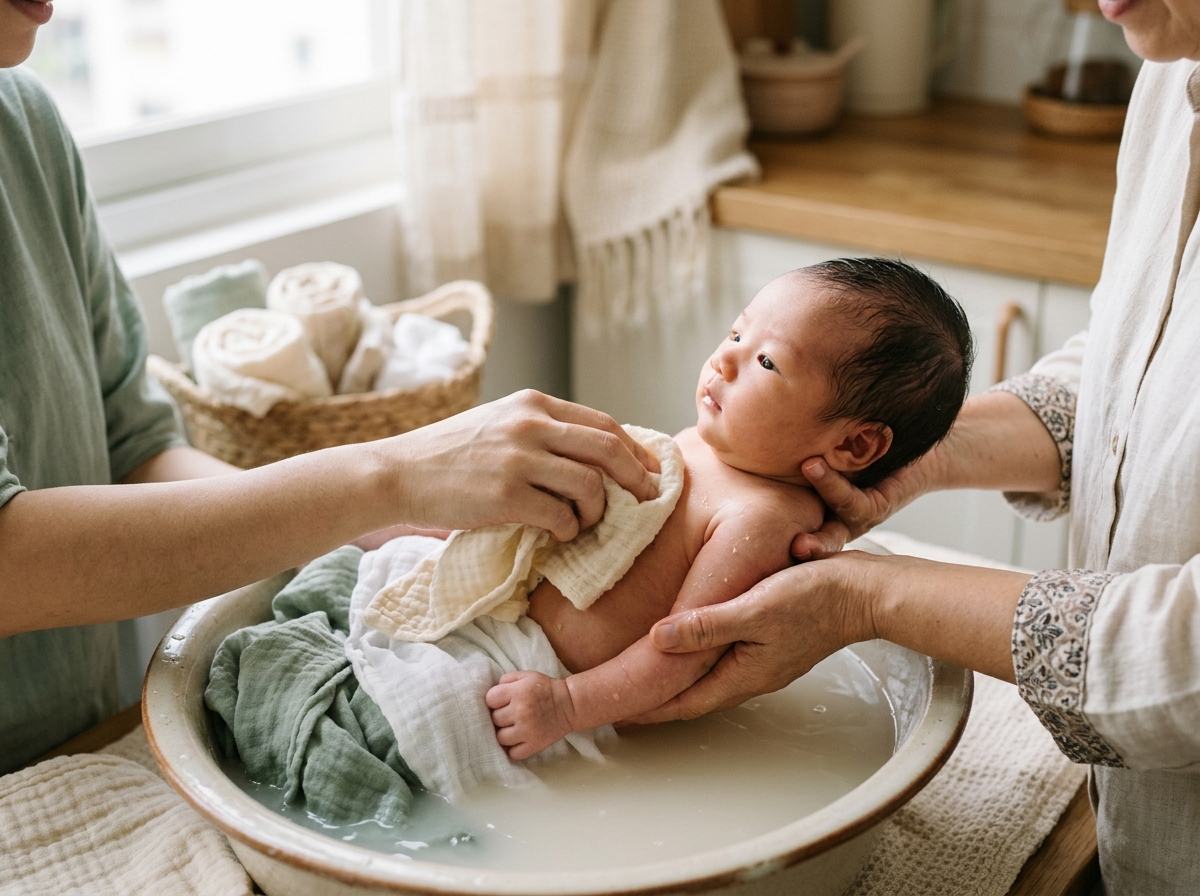 Confinement lady preparing warm traditional infant bath and gentle hygiene care
