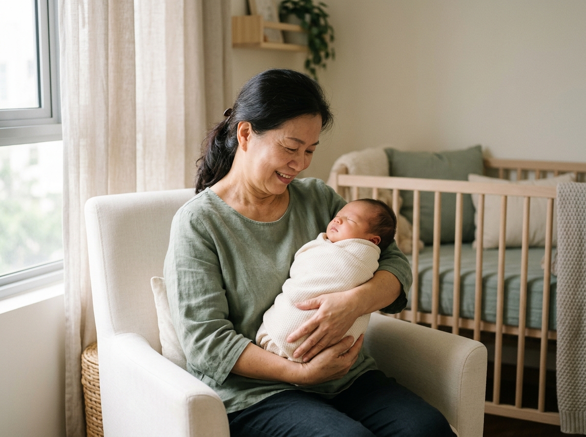 Experienced confinement lady providing tender newborn care and soothing