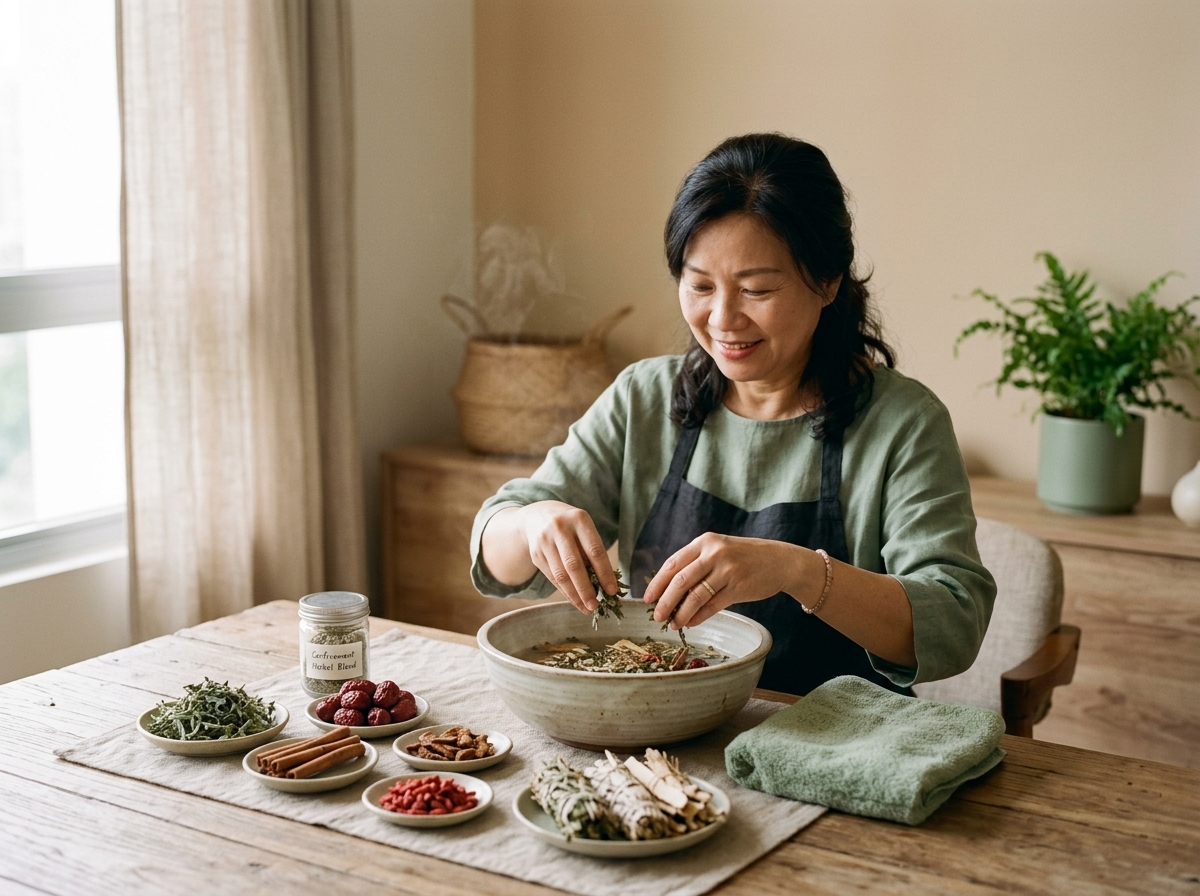 Confinement lady preparing warm traditional herbal infusion