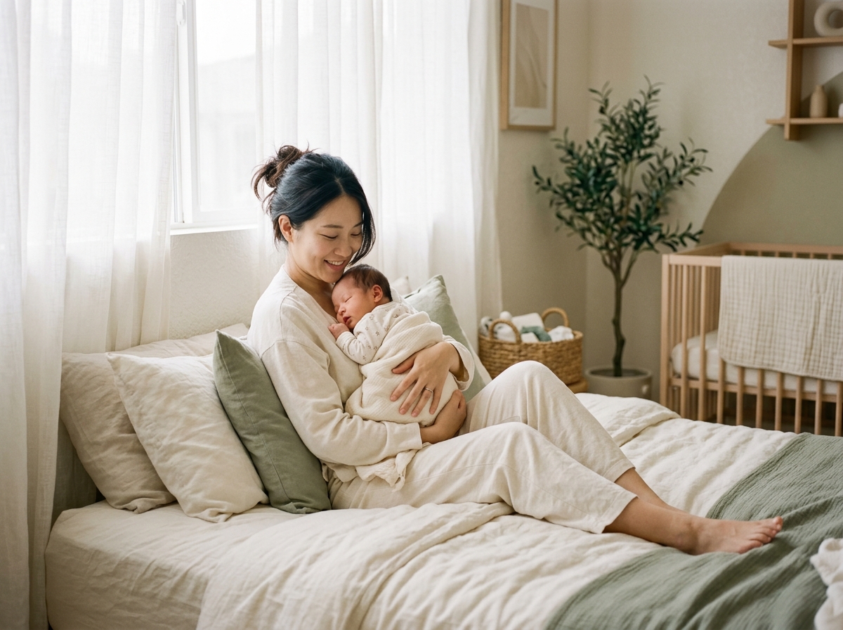 Mother and newborn baby resting comfortably at home with confinement lady care