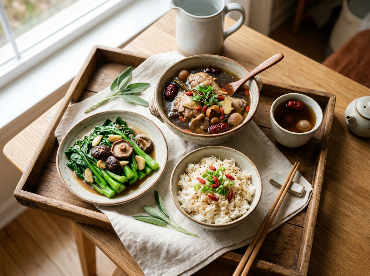 Traditional confinement herbal chicken soup and red date tea