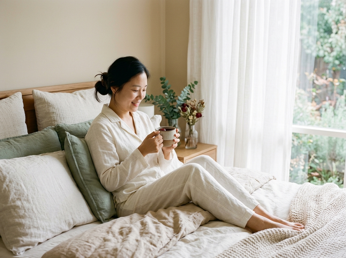 Postpartum mother resting peacefully during 30-day confinement recovery